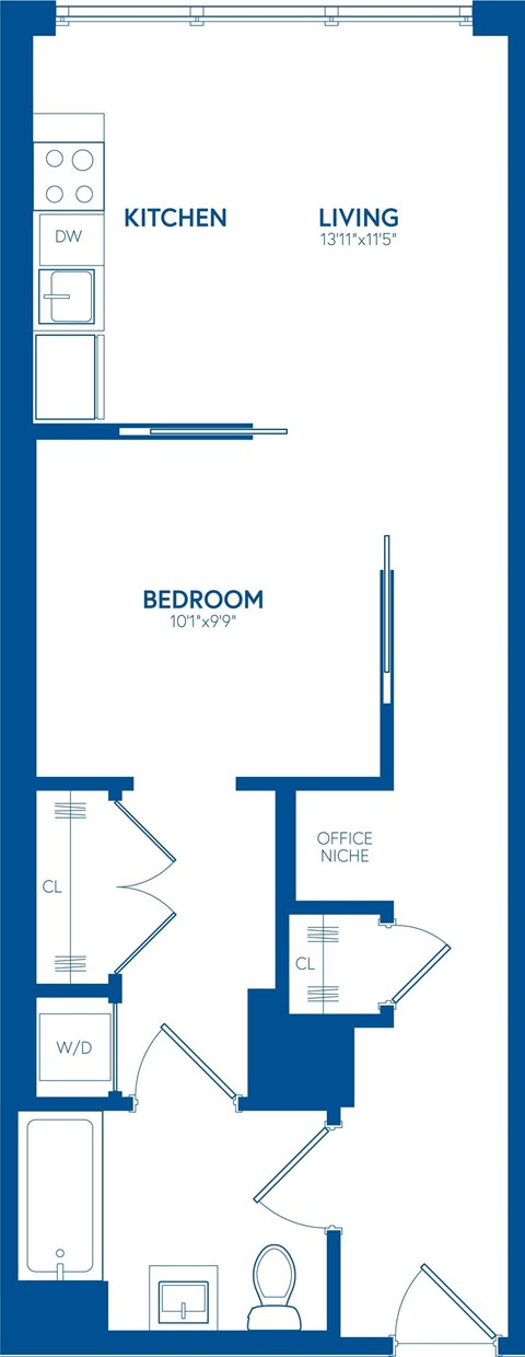 Floor plan for 1 bed, 1 bath, 601 sqft